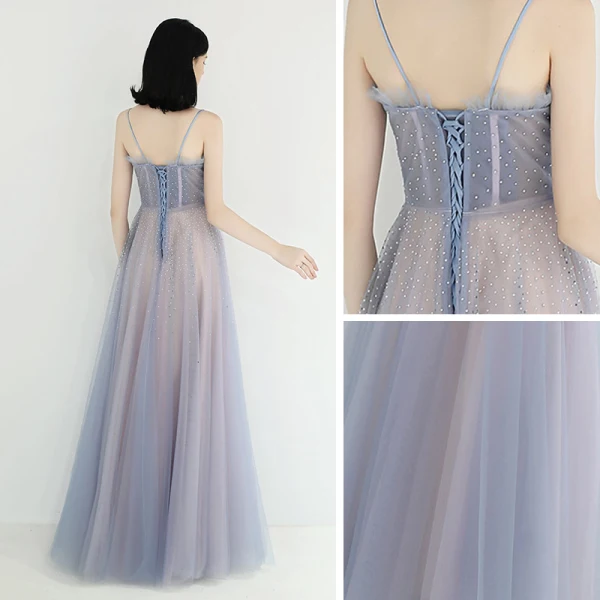 Elegante Himmelblau Pearl Rosa Abendkleider 2019 A Linie Spaghettiträger Ärmellos Pailletten Perlenstickerei Lange Rüschen Rückenfreies Festliche Kleider