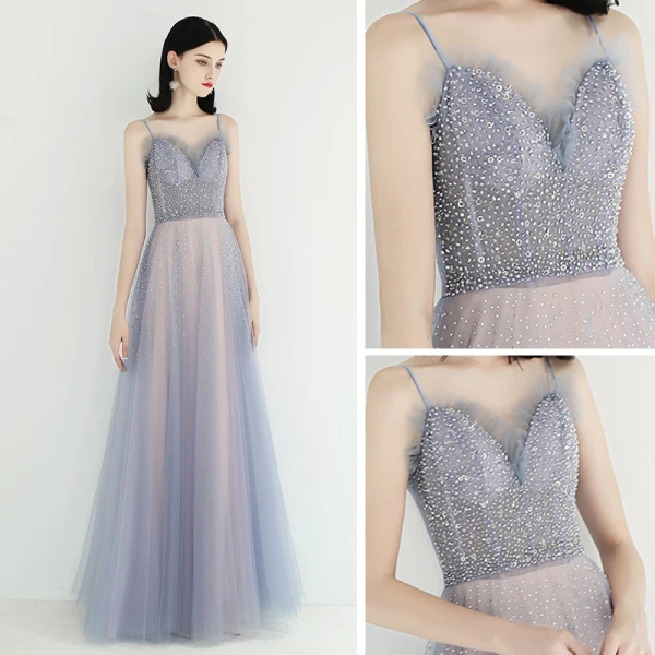 Elegante Himmelblau Pearl Rosa Abendkleider 2019 A Linie Spaghettiträger Ärmellos Pailletten Perlenstickerei Lange Rüschen Rückenfreies Festliche Kleider