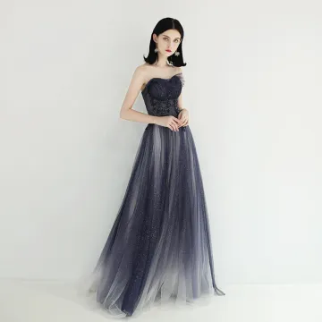 Charming Navy Blue Evening Dresses 2019 A Line Princess Sweetheart Sleeveless Beading Glitter Tulle Floor Length Long Ruffle Backless Formal Dresses