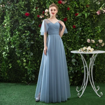Simple Abordable Océan Bleu Robe Demoiselle D Honneur 2019 Princesse V Cou Dos Nu Longue Volants Robe Pour Mariage