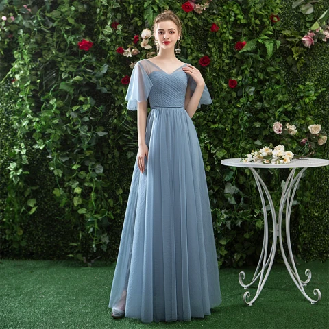 Schlicht Erschwinglich Meeresblau Brautjungfernkleider 2019 A Linie V-Ausschnitt Rückenfreies Lange Rüschen Kleider Für Hochzeit