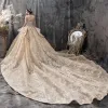 Luxury / Gorgeous Champagne Wedding Dresses 2019 Ball Gown Sweetheart Sleeveless Backless Appliques Lace Sequins Glitter Tulle Cathedral Train Ruffle