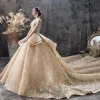 Luxury / Gorgeous Champagne Wedding Dresses 2019 Ball Gown Sweetheart Sleeveless Backless Appliques Lace Sequins Glitter Tulle Cathedral Train Ruffle