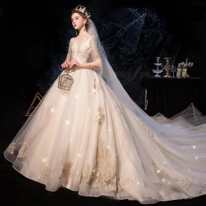Luxury Gorgeous Champagne Wedding Dresses 2019 A Line Princess See Through Deep V Neck Short Sleeve Beading Tassel Backless Appliques Lace Glitter Tulle Cathedral Train