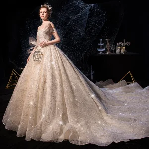 Sparkly Champagne Wedding Dresses 2019 Ball Gown Off The Shoulder Short Sleeve Backless Glitter Sequins Tulle Cathedral Train Ruffle
