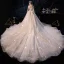 Sparkly Champagne Wedding Dresses 2019 Ball Gown Off-The-Shoulder Short Sleeve Backless Glitter Sequins Tulle Cathedral Train Ruffle