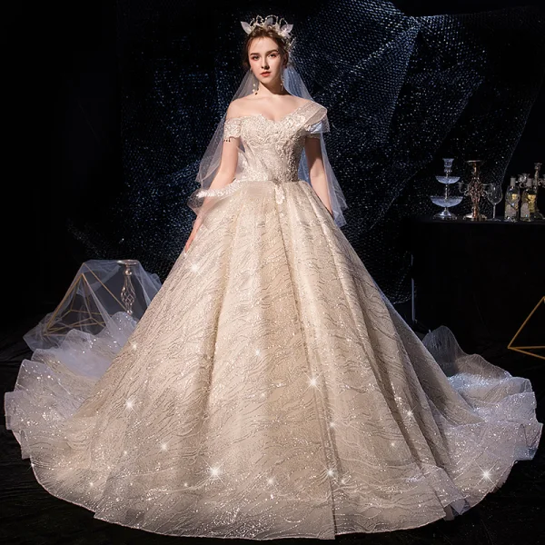 Sparkly Champagne Wedding Dresses 2019 Ball Gown Off-The-Shoulder Short Sleeve Backless Glitter Sequins Tulle Cathedral Train Ruffle
