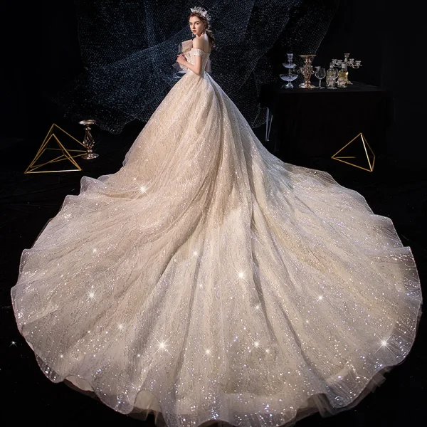 Sparkly Champagne Wedding Dresses 2019 Ball Gown Off-The-Shoulder Short Sleeve Backless Glitter Sequins Tulle Cathedral Train Ruffle