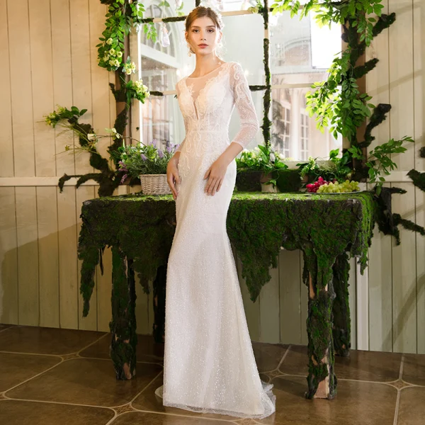 Meilleure Ivoire Transparentes Robe De Mariée Avec Châle 2019 Trompette / Sirène Encolure Dégagée 3/4 Manches Dos Nu Appliques En Dentelle Perlage Train De Balayage Volants