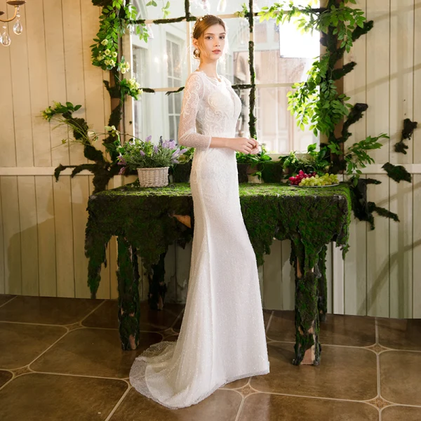 Meilleure Ivoire Transparentes Robe De Mariée Avec Châle 2019 Trompette / Sirène Encolure Dégagée 3/4 Manches Dos Nu Appliques En Dentelle Perlage Train De Balayage Volants