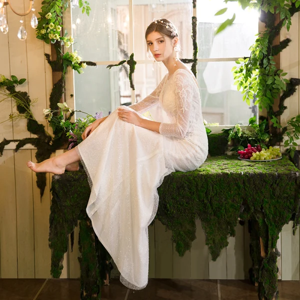 Meilleure Ivoire Transparentes Robe De Mariée Avec Châle 2019 Trompette / Sirène Encolure Dégagée 3/4 Manches Dos Nu Appliques En Dentelle Perlage Train De Balayage Volants