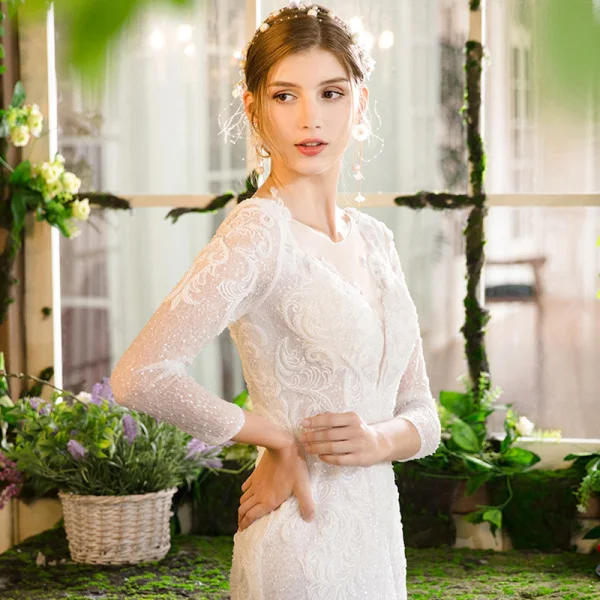 Meilleure Ivoire Transparentes Robe De Mariée Avec Châle 2019 Trompette / Sirène Encolure Dégagée 3/4 Manches Dos Nu Appliques En Dentelle Perlage Train De Balayage Volants