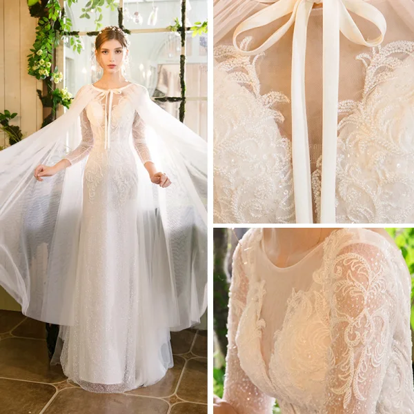 Meilleure Ivoire Transparentes Robe De Mariée Avec Châle 2019 Trompette / Sirène Encolure Dégagée 3/4 Manches Dos Nu Appliques En Dentelle Perlage Train De Balayage Volants