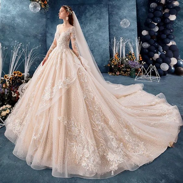 Romantic Champagne See-through Wedding Dresses 2019 Ball Gown Scoop Neck Long Sleeve Backless Appliques Lace Beading Cathedral Train Ruffle