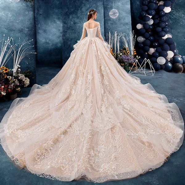 Romantic Champagne See-through Wedding Dresses 2019 Ball Gown Scoop Neck Long Sleeve Backless Appliques Lace Beading Cathedral Train Ruffle