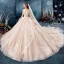 Romantic Champagne See-through Wedding Dresses 2019 Ball Gown Scoop Neck Long Sleeve Backless Appliques Lace Beading Cathedral Train Ruffle