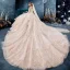 Romantic Champagne See-through Wedding Dresses 2019 Ball Gown Scoop Neck Long Sleeve Backless Appliques Lace Beading Cathedral Train Ruffle
