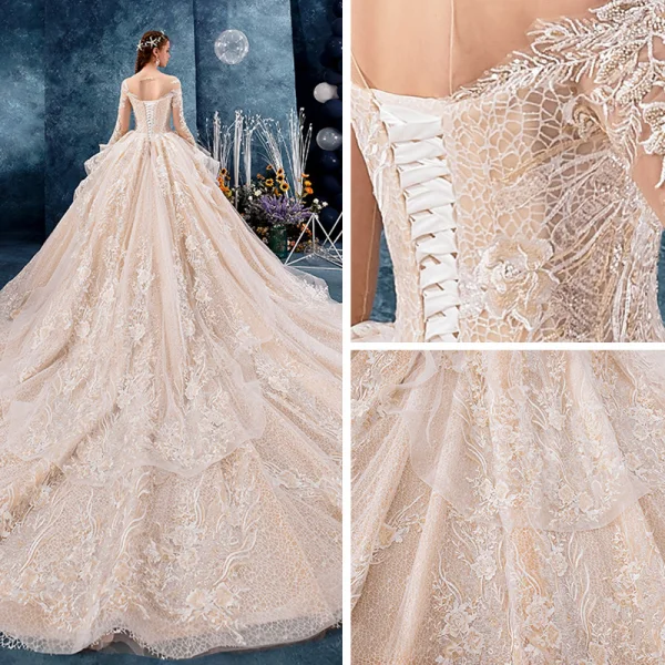 Romantic Champagne See-through Wedding Dresses 2019 Ball Gown Scoop Neck Long Sleeve Backless Appliques Lace Beading Cathedral Train Ruffle