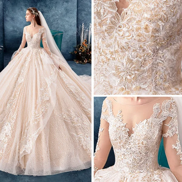 Romantic Champagne See-through Wedding Dresses 2019 Ball Gown Scoop Neck Long Sleeve Backless Appliques Lace Beading Cathedral Train Ruffle