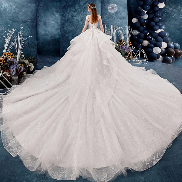 Schöne Ivory / Creme Durchsichtige Brautkleider / Hochzeitskleider 2019 A Linie Eckiger Ausschnitt Ärmel Rückenfreies Applikationen Spitze Perlenstickerei Quaste Glanz Tülle Kathedrale Schleppe Fallende Rüsche
