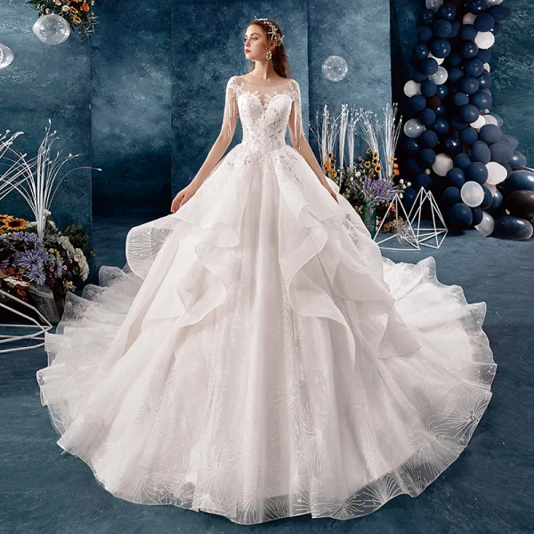Schöne Ivory / Creme Durchsichtige Brautkleider / Hochzeitskleider 2019 A Linie Eckiger Ausschnitt Ärmel Rückenfreies Applikationen Spitze Perlenstickerei Quaste Glanz Tülle Kathedrale Schleppe Fallende Rüsche