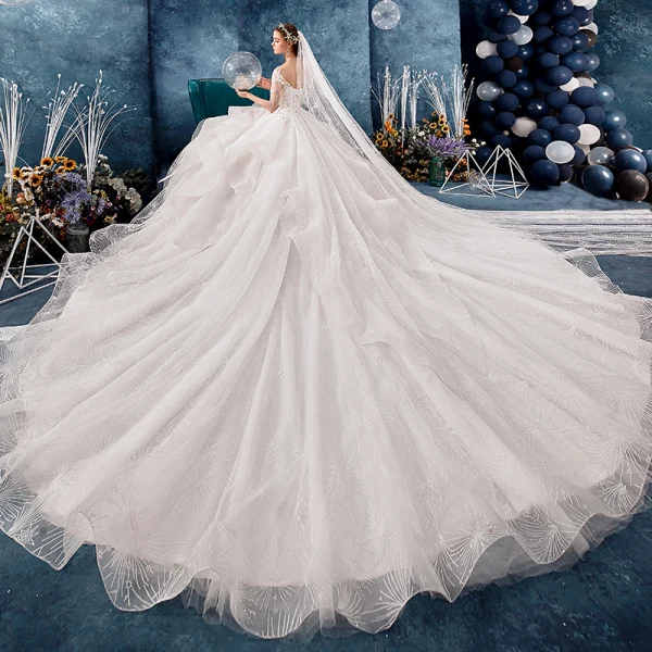 Schöne Ivory / Creme Durchsichtige Brautkleider / Hochzeitskleider 2019 A Linie Eckiger Ausschnitt Ärmel Rückenfreies Applikationen Spitze Perlenstickerei Quaste Glanz Tülle Kathedrale Schleppe Fallende Rüsche