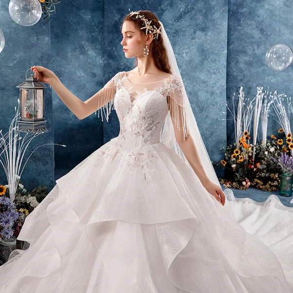 Schöne Ivory / Creme Durchsichtige Brautkleider / Hochzeitskleider 2019 A Linie Eckiger Ausschnitt Ärmel Rückenfreies Applikationen Spitze Perlenstickerei Quaste Glanz Tülle Kathedrale Schleppe Fallende Rüsche