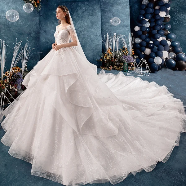 Schöne Ivory / Creme Durchsichtige Brautkleider / Hochzeitskleider 2019 A Linie Eckiger Ausschnitt Ärmel Rückenfreies Applikationen Spitze Perlenstickerei Quaste Glanz Tülle Kathedrale Schleppe Fallende Rüsche