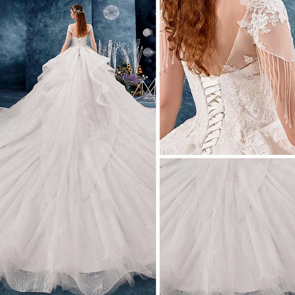 Schöne Ivory / Creme Durchsichtige Brautkleider / Hochzeitskleider 2019 A Linie Eckiger Ausschnitt Ärmel Rückenfreies Applikationen Spitze Perlenstickerei Quaste Glanz Tülle Kathedrale Schleppe Fallende Rüsche