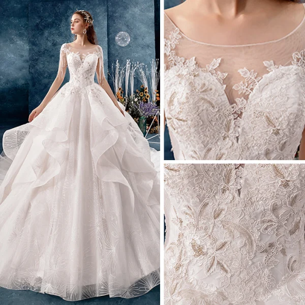 Schöne Ivory / Creme Durchsichtige Brautkleider / Hochzeitskleider 2019 A Linie Eckiger Ausschnitt Ärmel Rückenfreies Applikationen Spitze Perlenstickerei Quaste Glanz Tülle Kathedrale Schleppe Fallende Rüsche