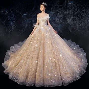 Sparkly Champagne Wedding Dresses 2019 Ball Gown Off The Shoulder Short Sleeve Appliques Lace Backless Glitter Sequins Tulle Chapel Train Ruffle