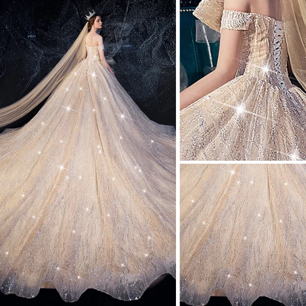Scintillantes Champagne Robe De Mariée 2019 Robe Boule De l'épaule Manches Courtes Appliques En Dentelle Dos Nu Glitter Paillettes Tulle Chapel Train Volants