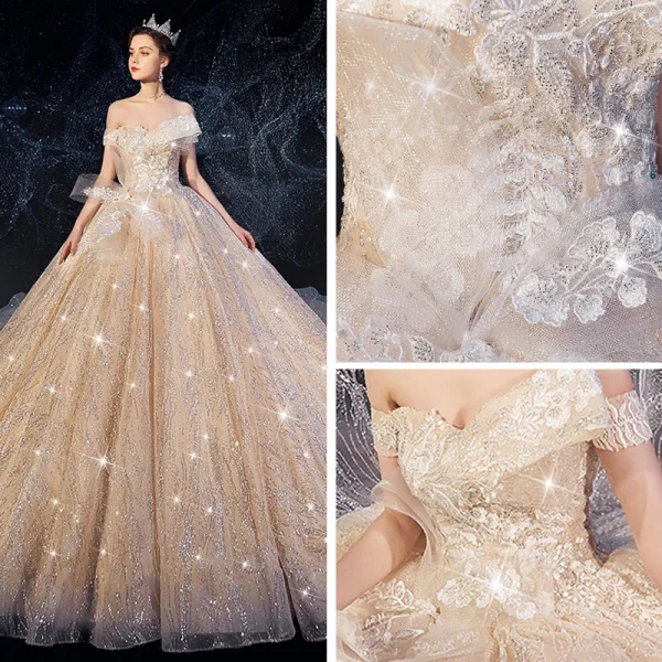Scintillantes Champagne Robe De Mariée 2019 Robe Boule De l'épaule Manches Courtes Appliques En Dentelle Dos Nu Glitter Paillettes Tulle Chapel Train Volants