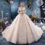 Schöne Champagner Brautkleider / Hochzeitskleider 2019 Ballkleid 3/4 Ärmel V-Ausschnitt Rückenfreies Applikationen Spitze Pailletten Perlenstickerei Glanz Tülle Kapelle-Schleppe Rüschen