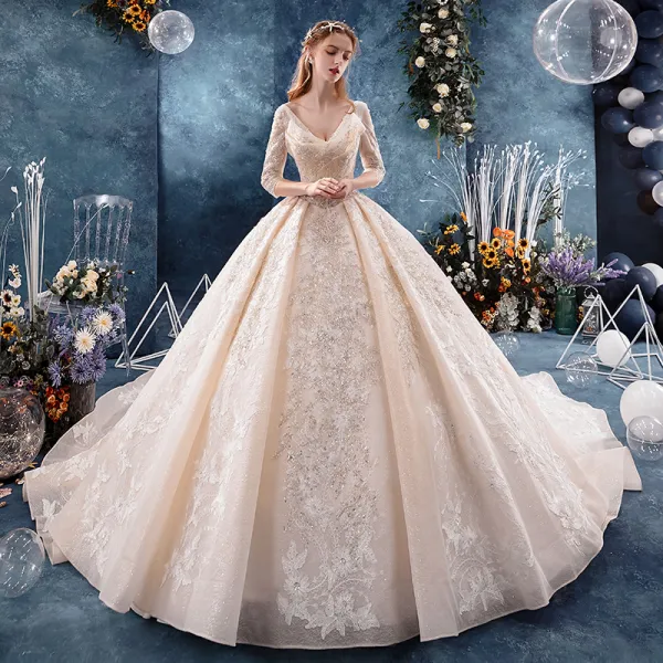 V Neck Backless Appliques Champagne Lace Wedding Dress V Neck Backless Appliques Champagne Lace Wedding Dress