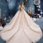 Schöne Champagner Brautkleider / Hochzeitskleider 2019 Ballkleid 3/4 Ärmel V-Ausschnitt Rückenfreies Applikationen Spitze Pailletten Perlenstickerei Glanz Tülle Kapelle-Schleppe Rüschen