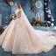 Schöne Champagner Brautkleider / Hochzeitskleider 2019 Ballkleid 3/4 Ärmel V-Ausschnitt Rückenfreies Applikationen Spitze Pailletten Perlenstickerei Glanz Tülle Kapelle-Schleppe Rüschen