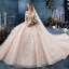 Schöne Champagner Brautkleider / Hochzeitskleider 2019 Ballkleid 3/4 Ärmel V-Ausschnitt Rückenfreies Applikationen Spitze Pailletten Perlenstickerei Glanz Tülle Kapelle-Schleppe Rüschen