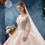 Schöne Champagner Brautkleider / Hochzeitskleider 2019 Ballkleid 3/4 Ärmel V-Ausschnitt Rückenfreies Applikationen Spitze Pailletten Perlenstickerei Glanz Tülle Kapelle-Schleppe Rüschen