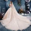 Schöne Champagner Brautkleider / Hochzeitskleider 2019 Ballkleid 3/4 Ärmel V-Ausschnitt Rückenfreies Applikationen Spitze Pailletten Perlenstickerei Glanz Tülle Kapelle-Schleppe Rüschen