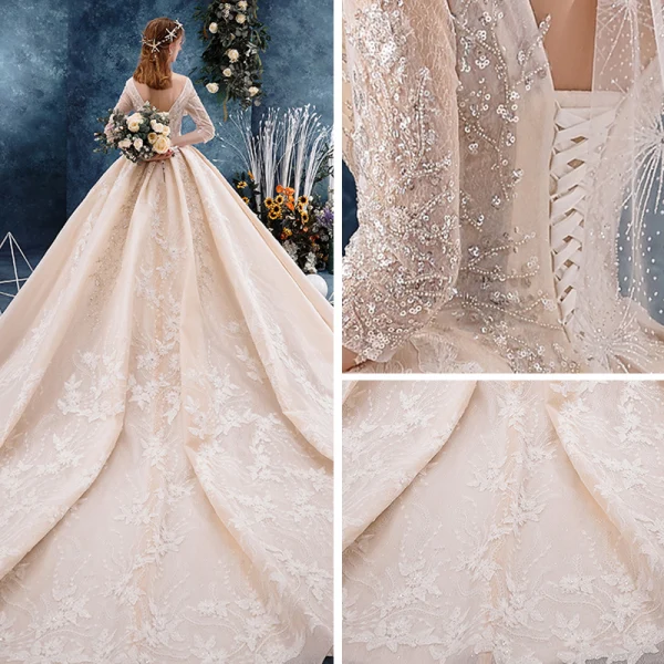 Schöne Champagner Brautkleider / Hochzeitskleider 2019 Ballkleid 3/4 Ärmel V-Ausschnitt Rückenfreies Applikationen Spitze Pailletten Perlenstickerei Glanz Tülle Kapelle-Schleppe Rüschen