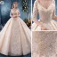 Schöne Champagner Brautkleider / Hochzeitskleider 2019 Ballkleid 3/4 Ärmel V-Ausschnitt Rückenfreies Applikationen Spitze Pailletten Perlenstickerei Glanz Tülle Kapelle-Schleppe Rüschen