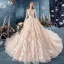 Romantisch Champagner Durchsichtige Brautkleider / Hochzeitskleider 2019 Ballkleid V-Ausschnitt Lange Ärmel Rückenfreies Applikationen Spitze Perlenstickerei Glanz Tülle Kapelle-Schleppe Rüschen