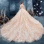 Romantisch Champagner Durchsichtige Brautkleider / Hochzeitskleider 2019 Ballkleid V-Ausschnitt Lange Ärmel Rückenfreies Applikationen Spitze Perlenstickerei Glanz Tülle Kapelle-Schleppe Rüschen