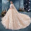 Romantisch Champagner Durchsichtige Brautkleider / Hochzeitskleider 2019 Ballkleid V-Ausschnitt Lange Ärmel Rückenfreies Applikationen Spitze Perlenstickerei Glanz Tülle Kapelle-Schleppe Rüschen