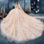 Romantisch Champagner Durchsichtige Brautkleider / Hochzeitskleider 2019 Ballkleid V-Ausschnitt Lange Ärmel Rückenfreies Applikationen Spitze Perlenstickerei Glanz Tülle Kapelle-Schleppe Rüschen