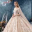 Romantisch Champagner Durchsichtige Brautkleider / Hochzeitskleider 2019 Ballkleid V-Ausschnitt Lange Ärmel Rückenfreies Applikationen Spitze Perlenstickerei Glanz Tülle Kapelle-Schleppe Rüschen