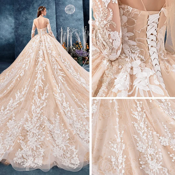 Romantisch Champagner Durchsichtige Brautkleider / Hochzeitskleider 2019 Ballkleid V-Ausschnitt Lange Ärmel Rückenfreies Applikationen Spitze Perlenstickerei Glanz Tülle Kapelle-Schleppe Rüschen