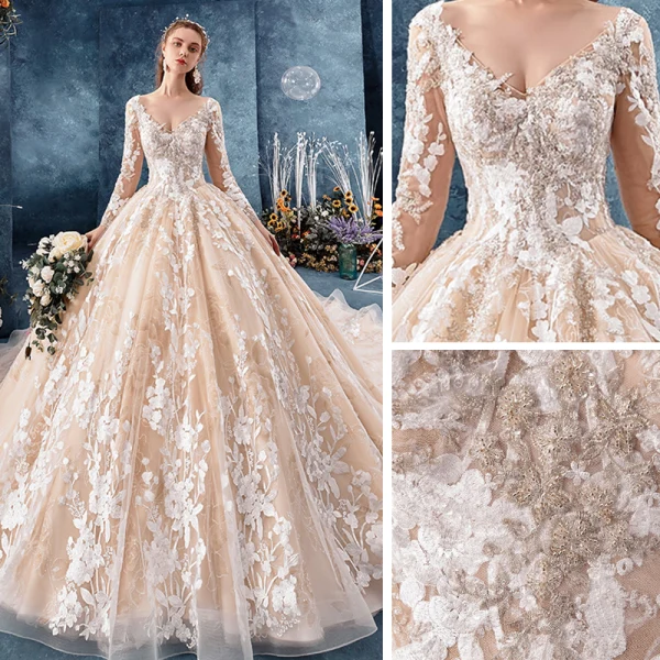 Romantisch Champagner Durchsichtige Brautkleider / Hochzeitskleider 2019 Ballkleid V-Ausschnitt Lange Ärmel Rückenfreies Applikationen Spitze Perlenstickerei Glanz Tülle Kapelle-Schleppe Rüschen