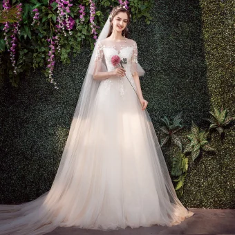 Affordable Champagne Outdoor Garden See Through Wedding Dresses 2019 A Line Princess Scoop Neck Bell Sleeves Backless Appliques Lace Sequins Sweep Train Ruffle